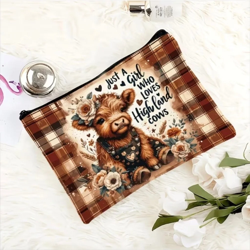 Women's Highland Cow Plaid Cosmetic Bag One Size Brown Beige